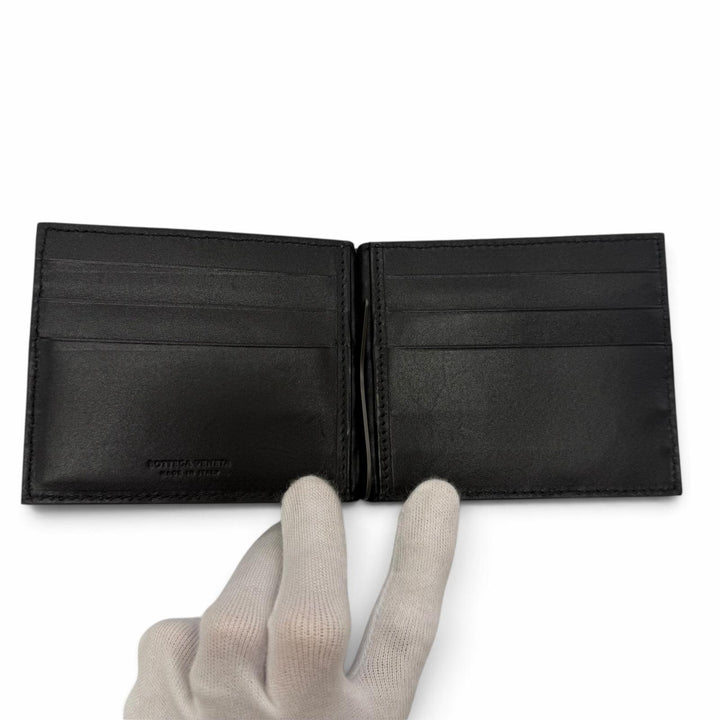 Great BOTTEGAVENETA Bifold Wallet INTRECCIATO MONEY CLIP black leather 123180