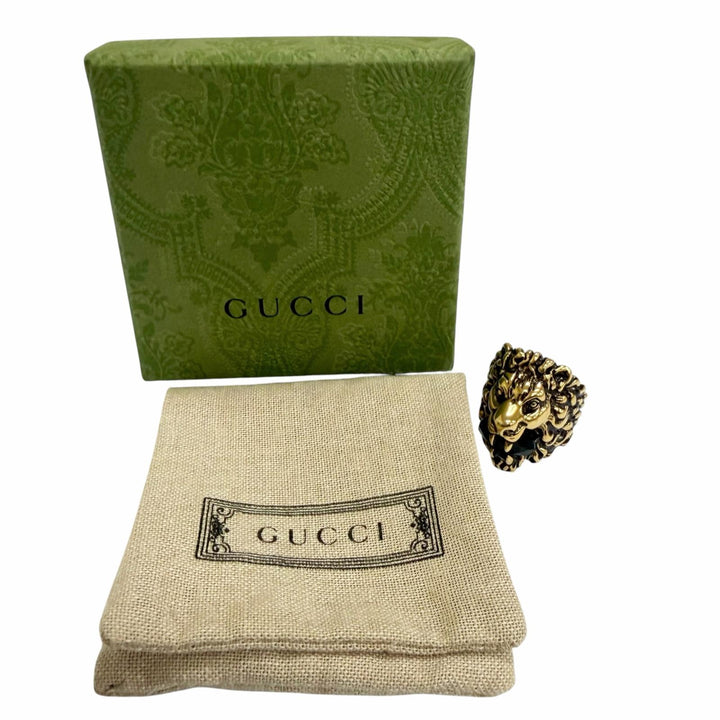 Excellent GUCCI Ring ring Lionhead Blackstone gold mens 23