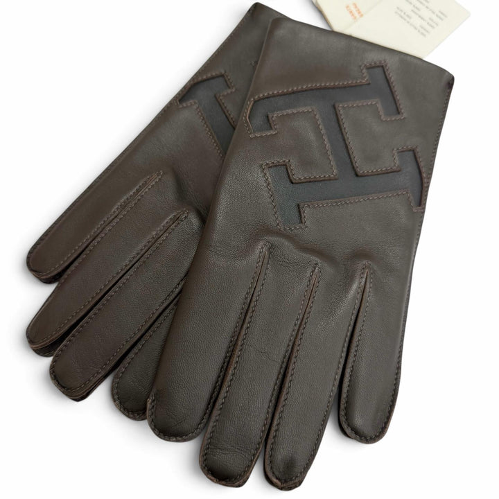 Pristine HERMES gloves H logo leather gloves Dark brown lambskin Leather mens 8