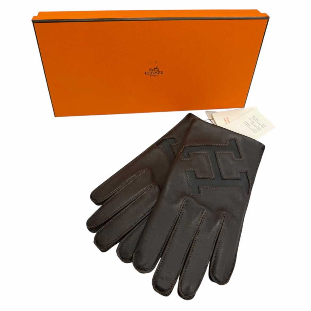 Pristine HERMES gloves H logo leather gloves Dark brown lambskin Leather mens 8