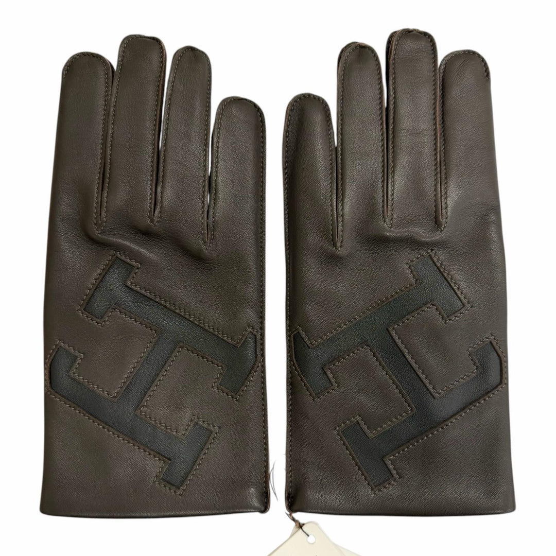 Pristine HERMES gloves H logo leather gloves Dark brown lambskin Leather mens 8