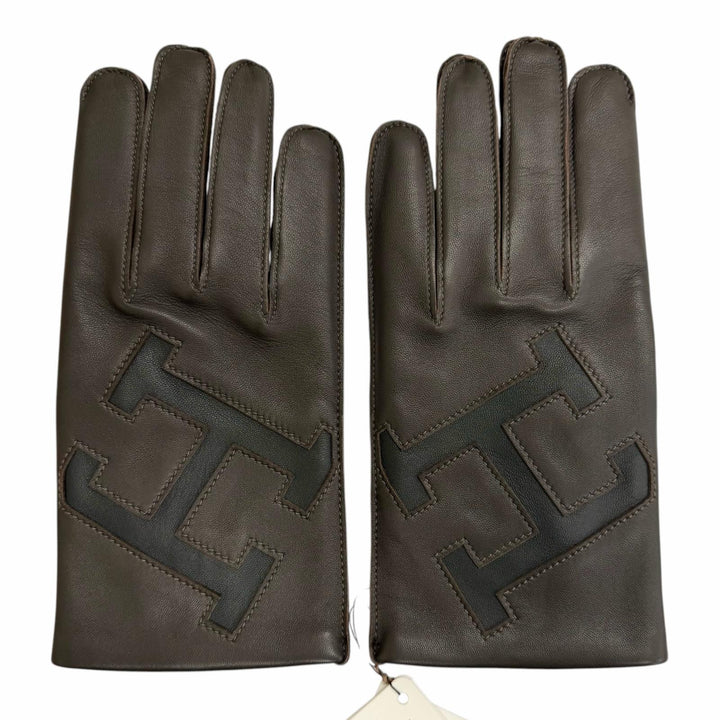 Pristine HERMES gloves H logo leather gloves Dark brown lambskin Leather mens 8