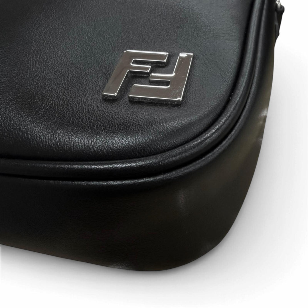 Great FENDI Shoulder Bag ZUCCA FF Logo Metal Camera Case black leather