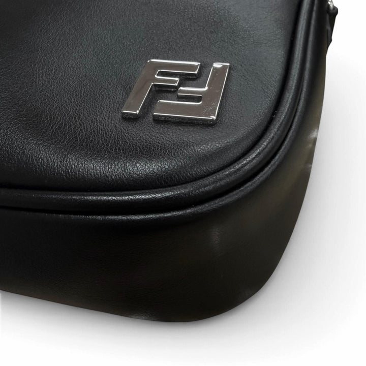 Great FENDI Shoulder Bag ZUCCA FF Logo Metal Camera Case black leather