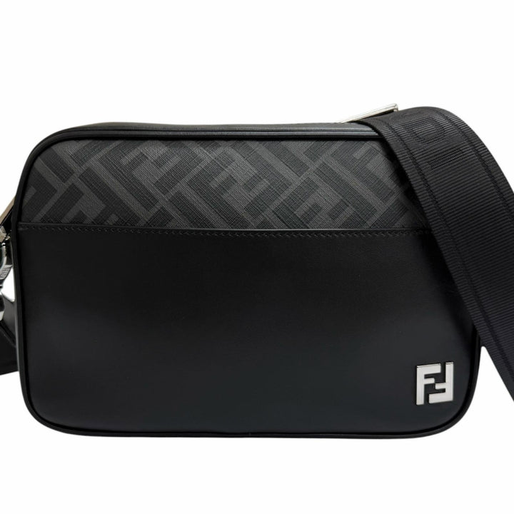 Great FENDI Shoulder Bag ZUCCA FF Logo Metal Camera Case black leather