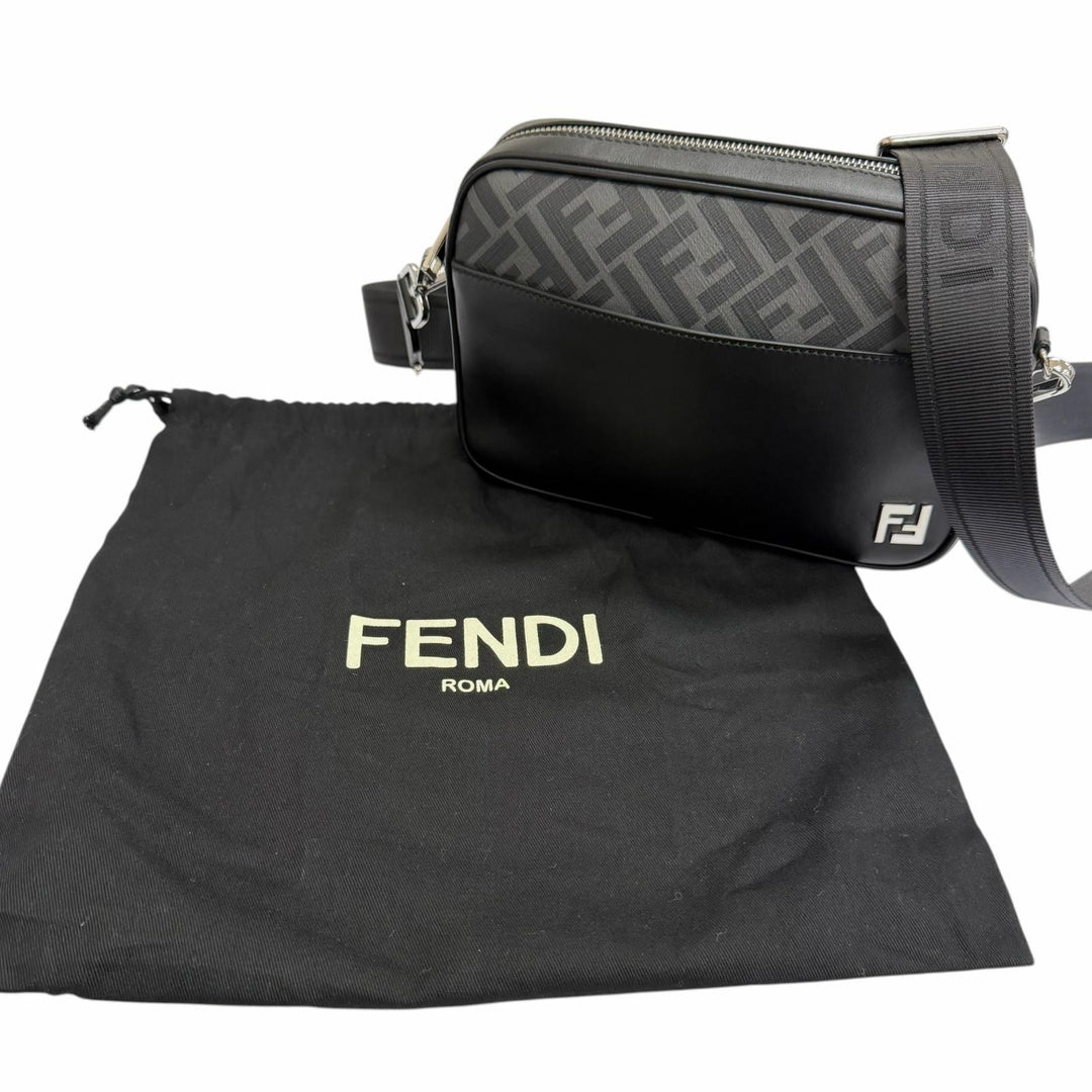 Great FENDI Shoulder Bag ZUCCA FF Logo Metal Camera Case black leather