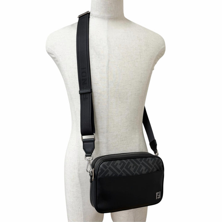 Great FENDI Shoulder Bag ZUCCA FF Logo Metal Camera Case black leather