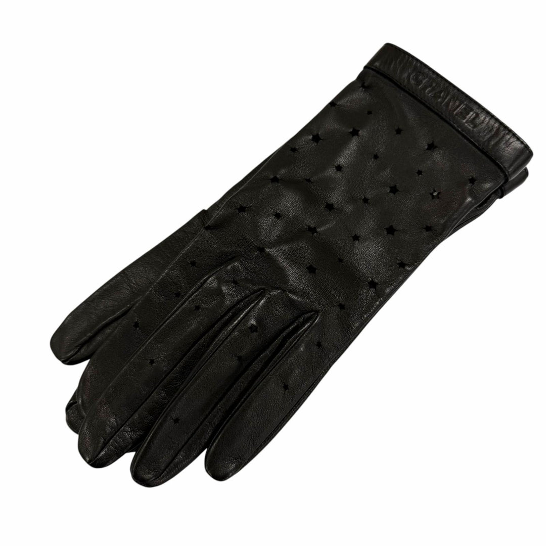 Great CHANEL gloves COCO Mark Logo Star Punching Leather Gloves black Women 7.5