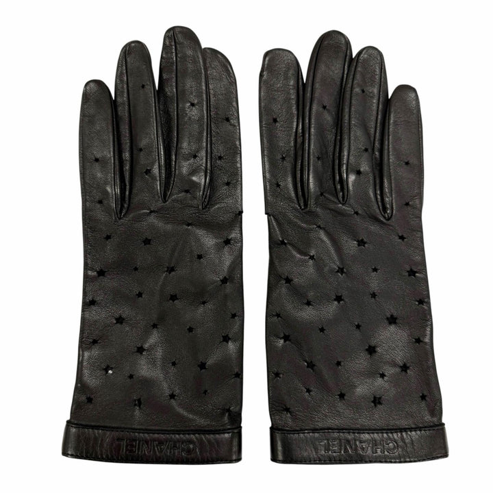 Great CHANEL gloves COCO Mark Logo Star Punching Leather Gloves black Women 7.5