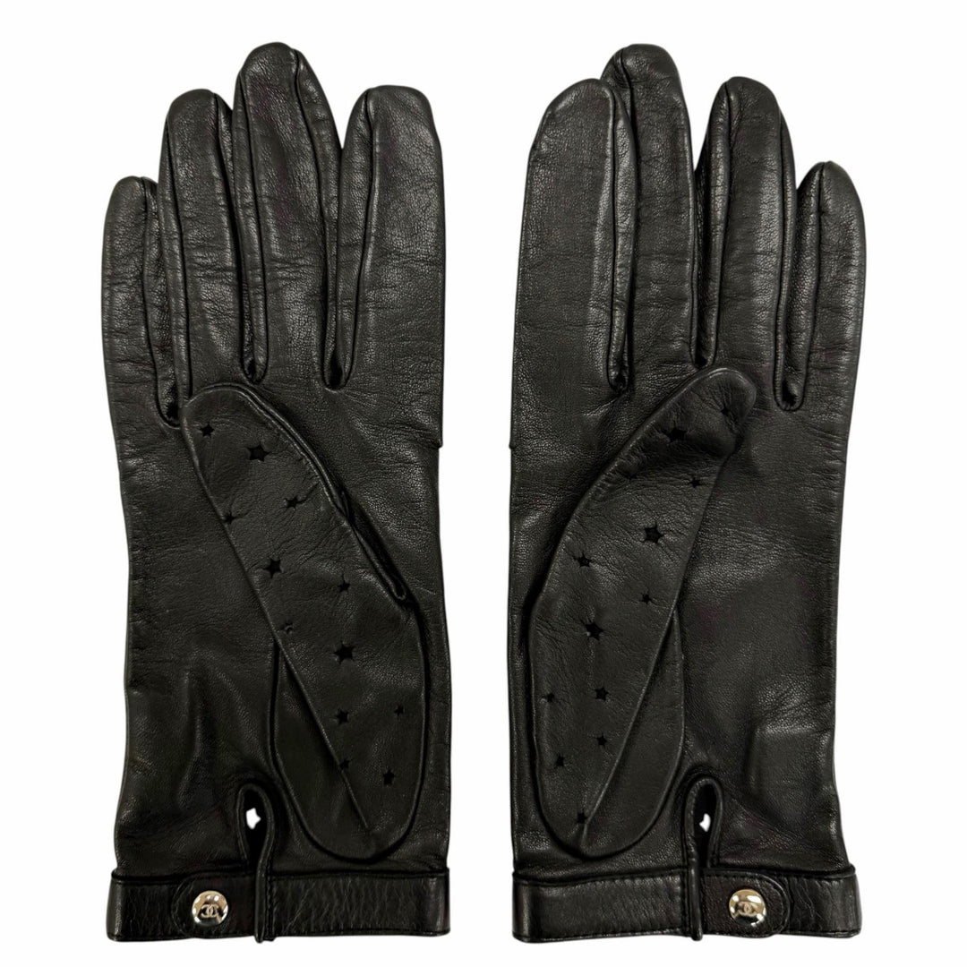Great CHANEL gloves COCO Mark Logo Star Punching Leather Gloves black Women 7.5