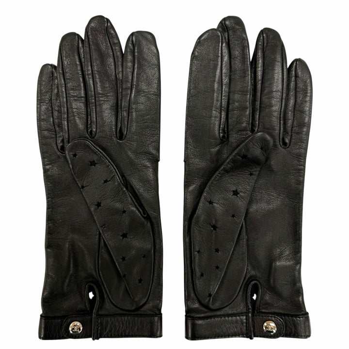 Great CHANEL gloves COCO Mark Logo Star Punching Leather Gloves black Women 7.5