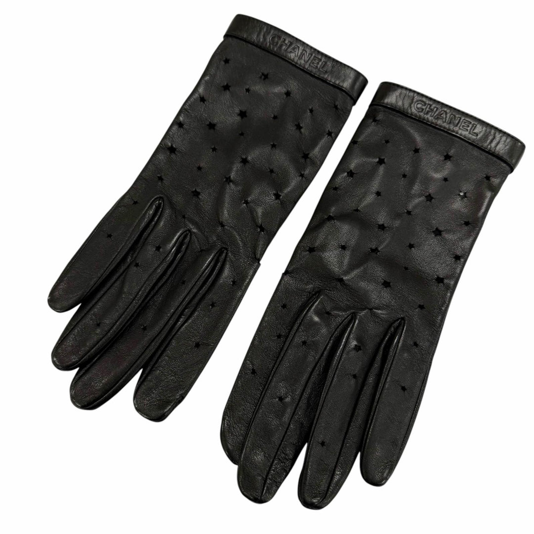 Great CHANEL gloves COCO Mark Logo Star Punching Leather Gloves black Women 7.5