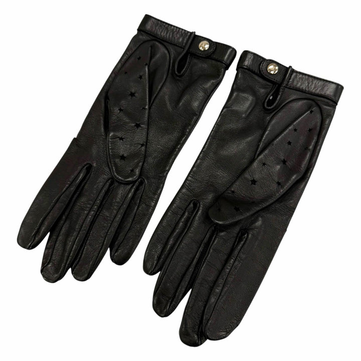 Great CHANEL gloves COCO Mark Logo Star Punching Leather Gloves black Women 7.5