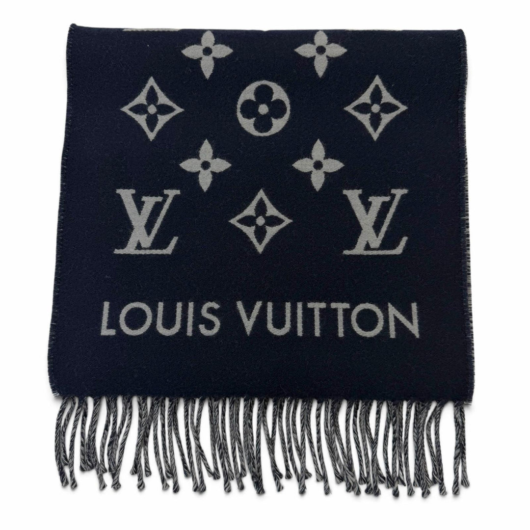 Excellent LOUIS VUITTON Scarf All About Monogram With fringe Marine wool M79130