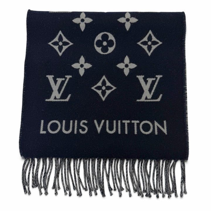 Excellent LOUIS VUITTON Scarf All About Monogram With fringe Marine wool M79130
