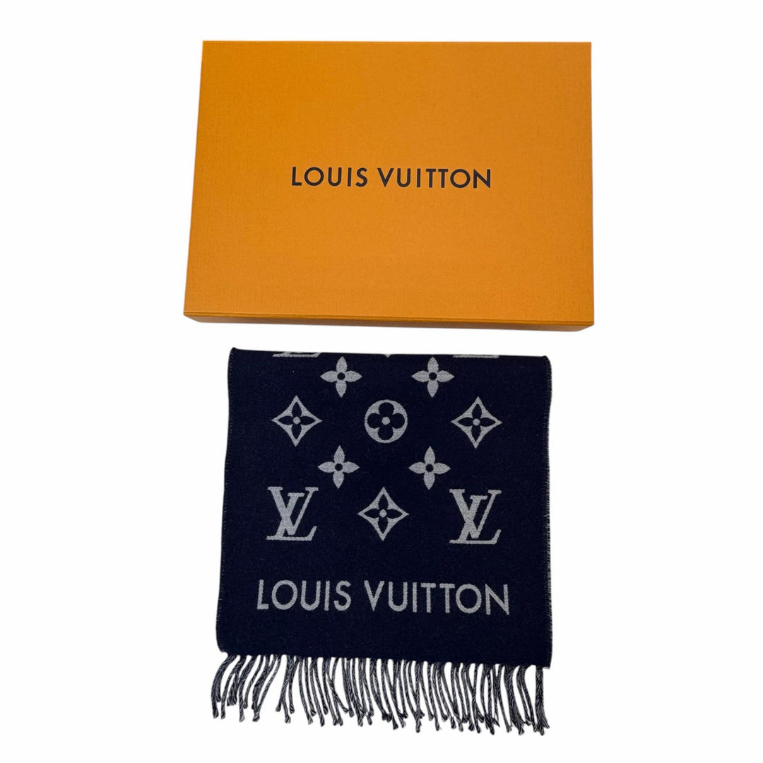Excellent LOUIS VUITTON Scarf All About Monogram With fringe Marine wool M79130