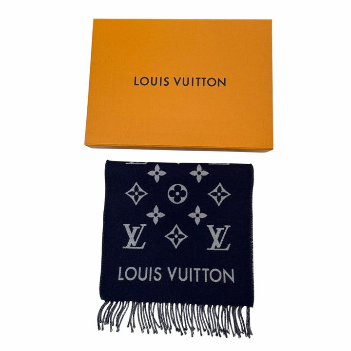 Excellent LOUIS VUITTON Scarf All About Monogram With fringe Marine wool M79130
