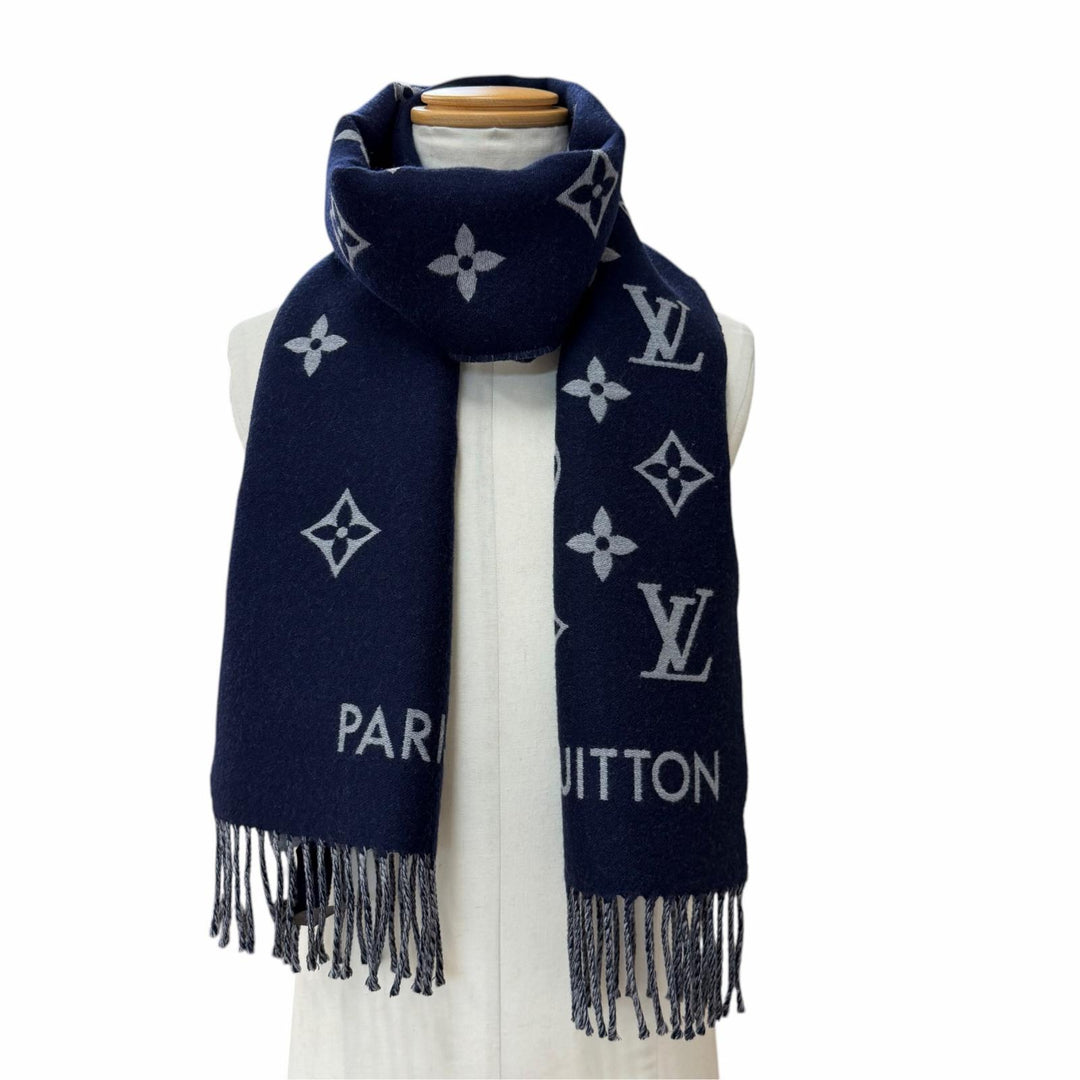 Excellent LOUIS VUITTON Scarf All About Monogram With fringe Marine wool M79130