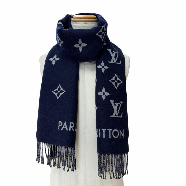 Excellent LOUIS VUITTON Scarf All About Monogram With fringe Marine wool M79130