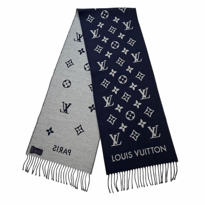 Excellent LOUIS VUITTON Scarf All About Monogram With fringe Marine wool M79130