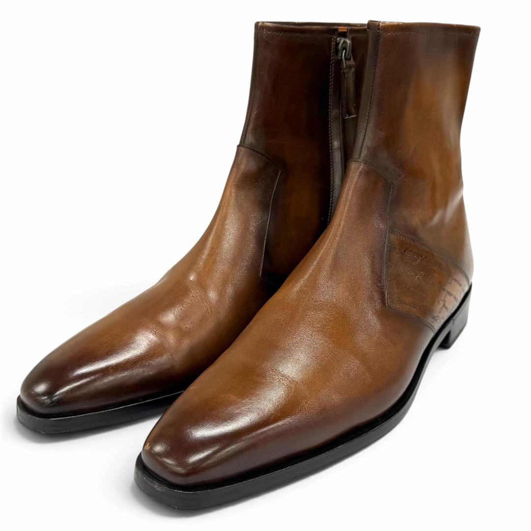 Great BERLUTI boots Scars Scritto Demeurs Leather Brown leather mens 8.5