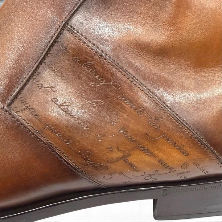 Great BERLUTI boots Scars Scritto Demeurs Leather Brown leather mens 8.5