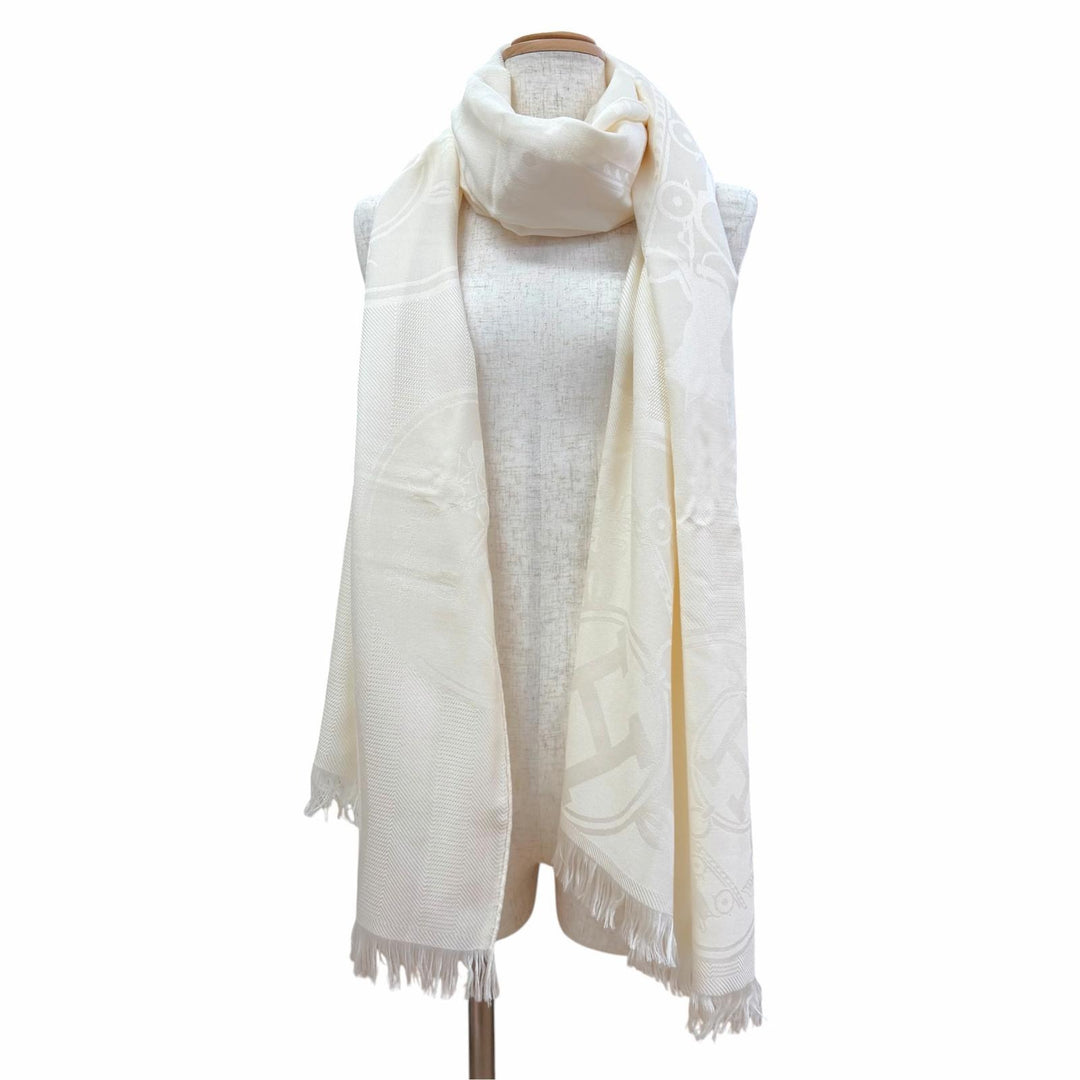 Pristine HERMES Stall New Libris Large shawl with fringe cream cashmere Women