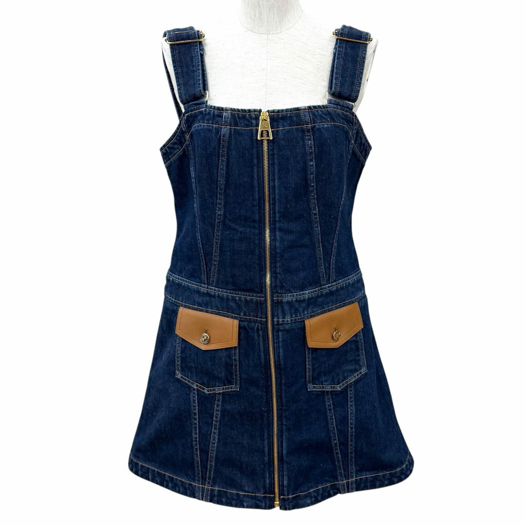 Excellent LOUIS VUITTON one piece Logo ZIP Leather detail denim Indigo cotton 40