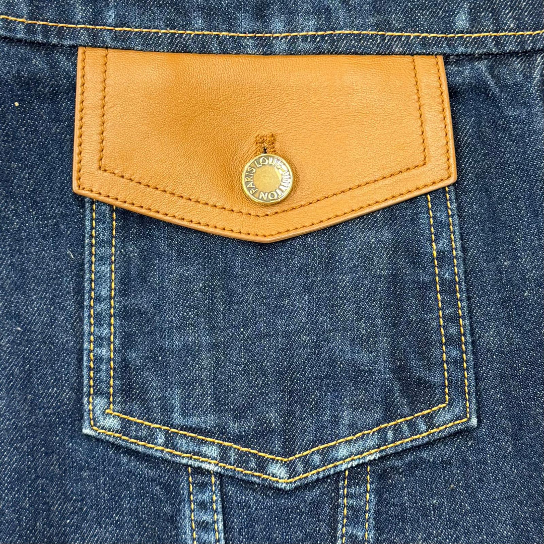 Excellent LOUIS VUITTON one piece Logo ZIP Leather detail denim Indigo cotton 40