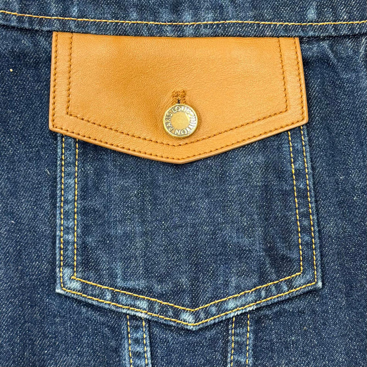 Excellent LOUIS VUITTON one piece Logo ZIP Leather detail denim Indigo cotton 40