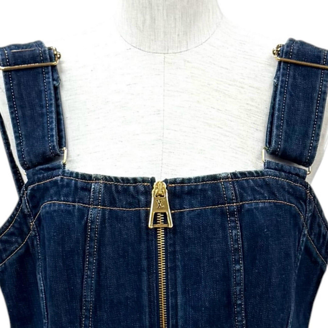 Excellent LOUIS VUITTON one piece Logo ZIP Leather detail denim Indigo cotton 40