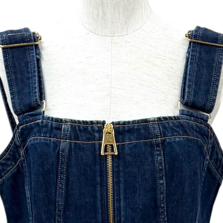 Excellent LOUIS VUITTON one piece Logo ZIP Leather detail denim Indigo cotton 40