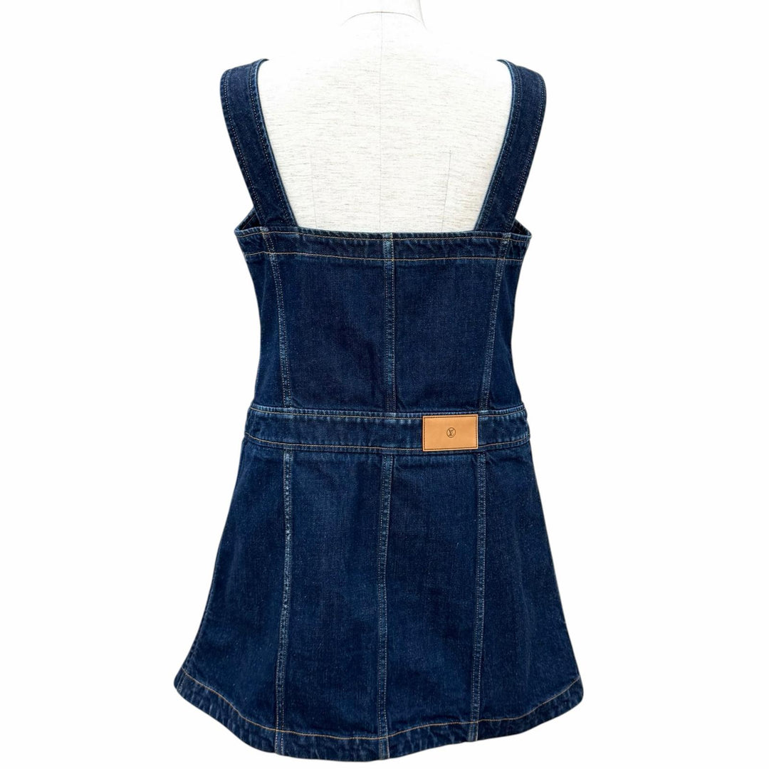 Excellent LOUIS VUITTON one piece Logo ZIP Leather detail denim Indigo cotton 40