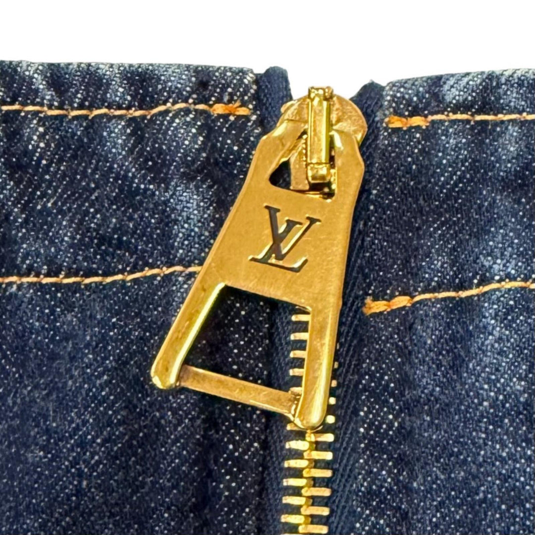 Excellent LOUIS VUITTON one piece Logo ZIP Leather detail denim Indigo cotton 40