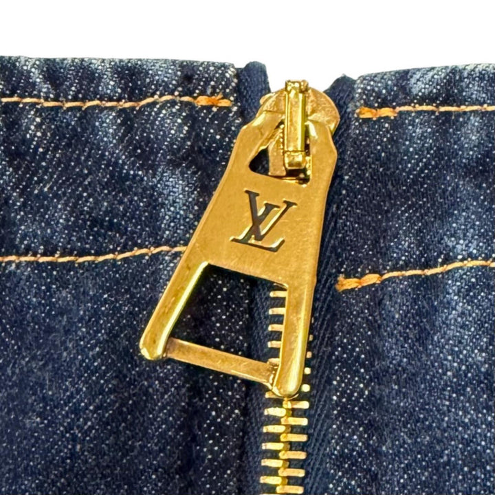Excellent LOUIS VUITTON one piece Logo ZIP Leather detail denim Indigo cotton 40