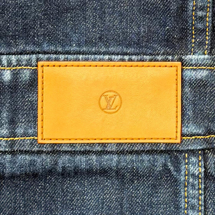 Excellent LOUIS VUITTON one piece Logo ZIP Leather detail denim Indigo cotton 40