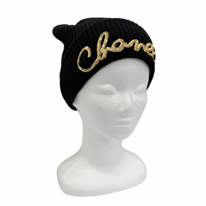 Pristine CHANEL Knit cap Sequin logo embroidered beanie cashmere 22A AA8313