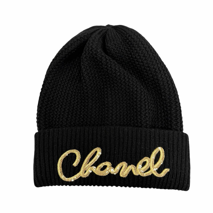 Pristine CHANEL Knit cap Sequin logo embroidered beanie cashmere 22A AA8313