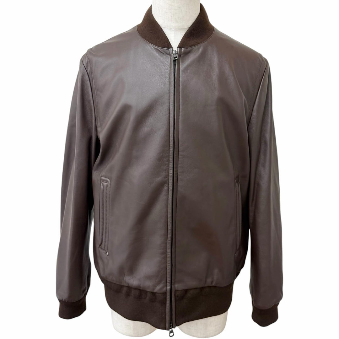 Excellent Dunhill leather jacket Double-zip ribbed knit Brown Sheep leather mens