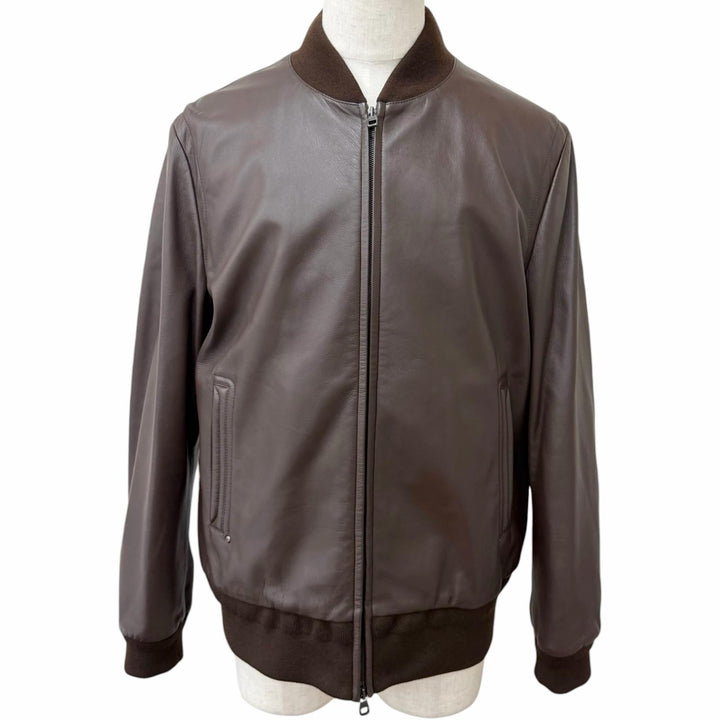 Excellent Dunhill leather jacket Double-zip ribbed knit Brown Sheep leather mens