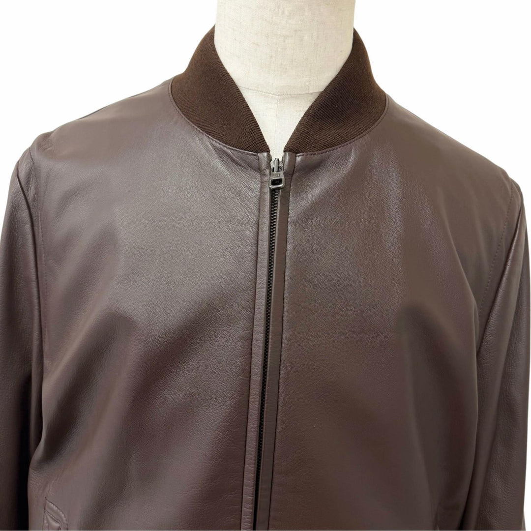 Excellent Dunhill leather jacket Double-zip ribbed knit Brown Sheep leather mens