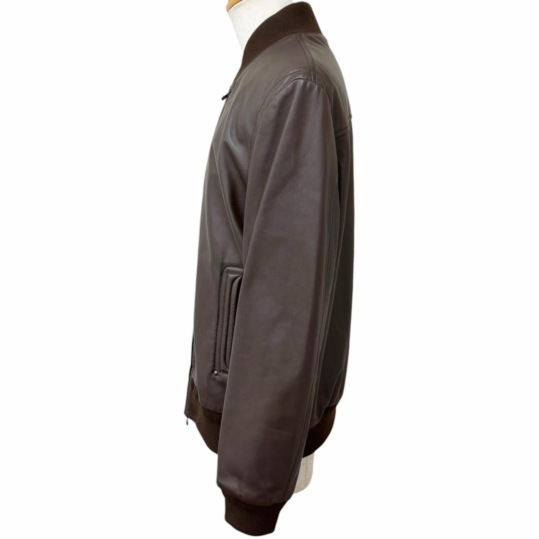Excellent Dunhill leather jacket Double-zip ribbed knit Brown Sheep leather mens