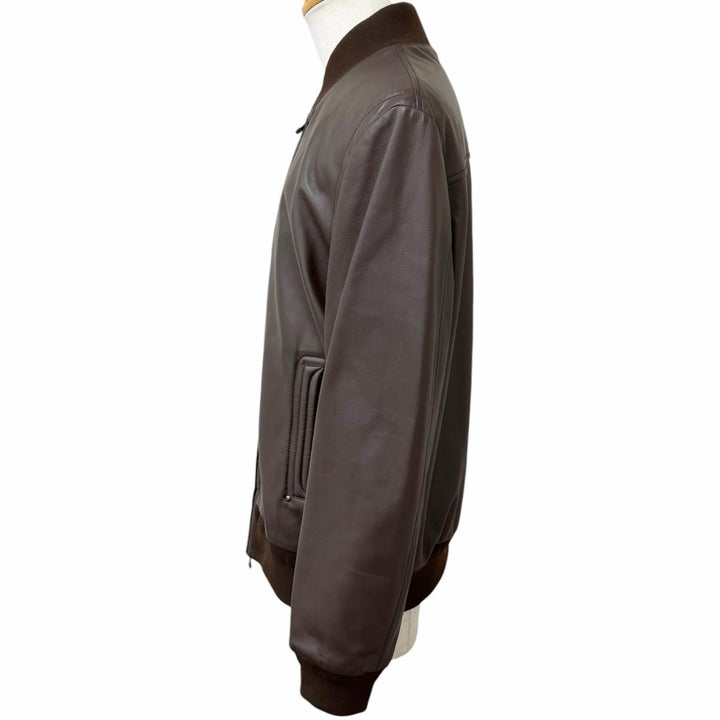 Excellent Dunhill leather jacket Double-zip ribbed knit Brown Sheep leather mens