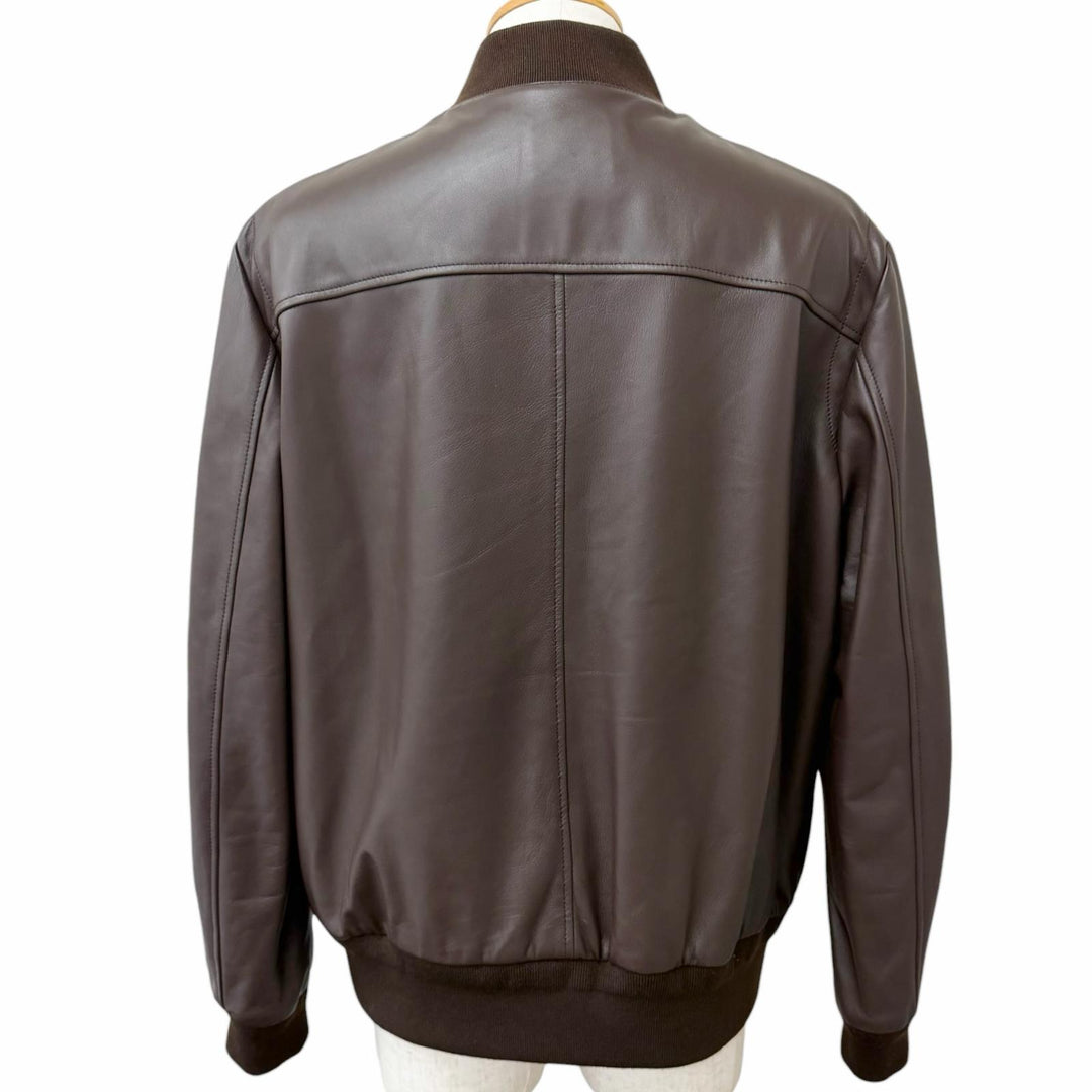 Excellent Dunhill leather jacket Double-zip ribbed knit Brown Sheep leather mens