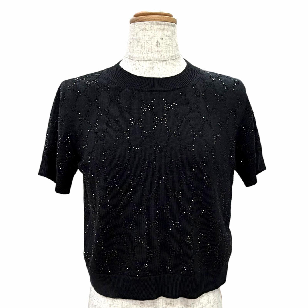 Excellent GUCCI Short sleeve knit Fine Wool GG Crystal Top Rhinestone S 748886