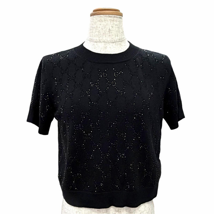 Excellent GUCCI Short sleeve knit Fine Wool GG Crystal Top Rhinestone S 748886