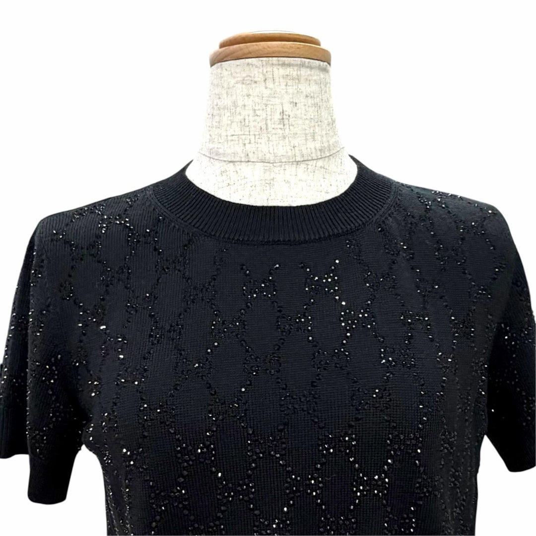 Excellent GUCCI Short sleeve knit Fine Wool GG Crystal Top Rhinestone S 748886