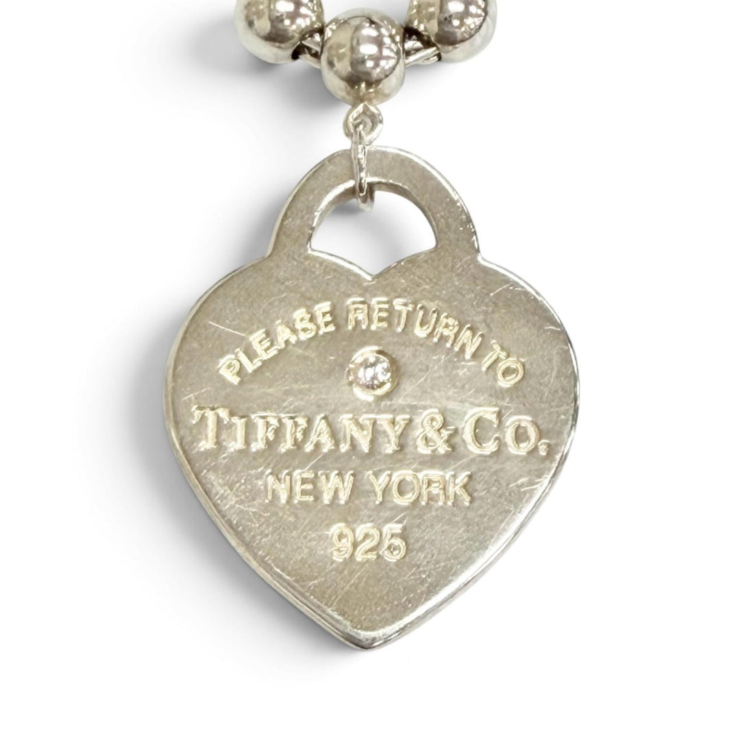 Great TIFFANY&Co. Heart Tag Beaded Necklace 1P Diamond Silver AG925 Women