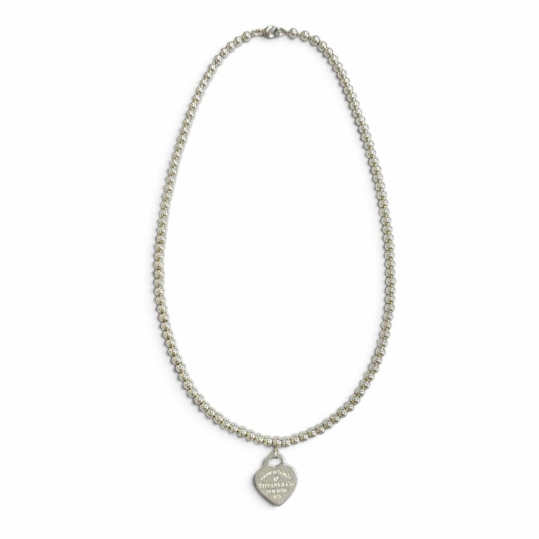 Great TIFFANY&Co. Heart Tag Beaded Necklace 1P Diamond Silver AG925 Women
