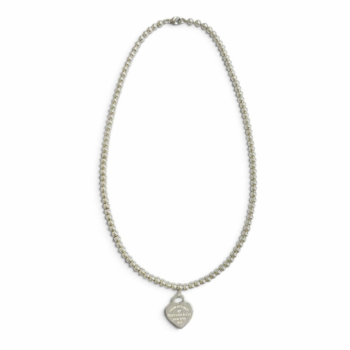Great TIFFANY&Co. Heart Tag Beaded Necklace 1P Diamond Silver AG925 Women
